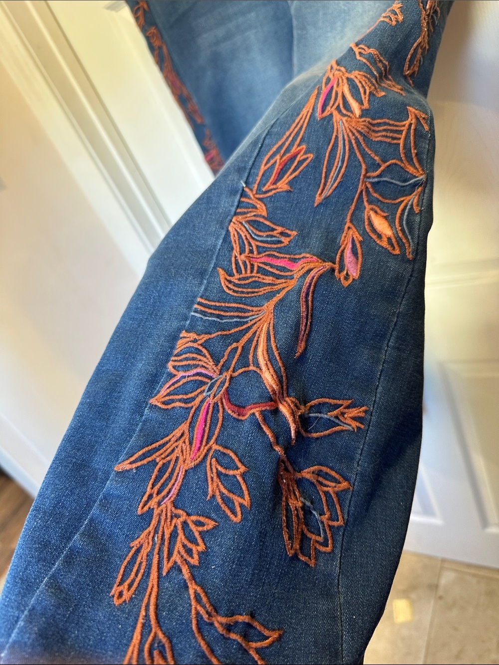 Tribal Wide-Leg Embroidered Side-Stripe Jeans - Blue with Rust Embroidery - Picture 5 of 6